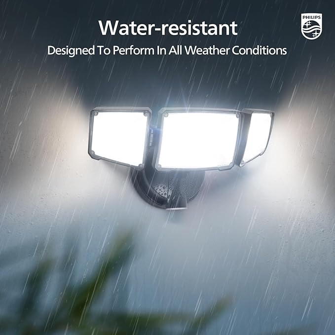 Philips 72W 7400LM LED Flood Lights Outdoor Dusk to Dawn Aluminum Security Lights 3 Adjustable Heads Wall Mount 5000K Daylight Waterproof for Yard Garage