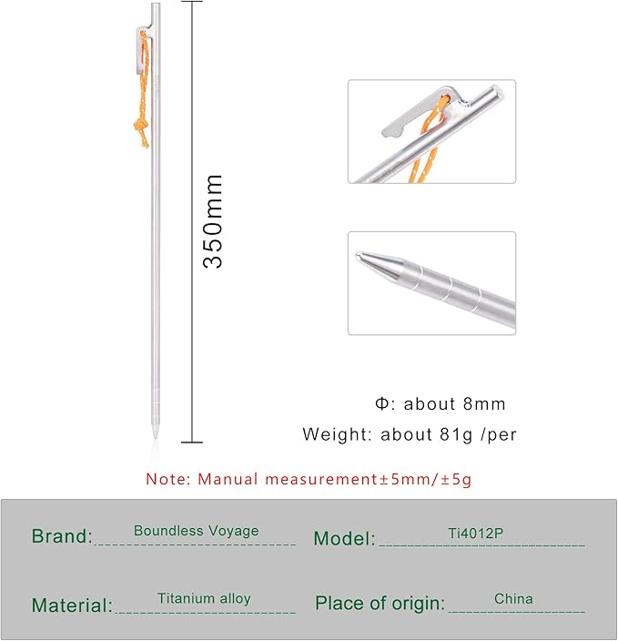 iBasingo 6-Pack Titanium Tent Stakes 20/24/30/35/40cm with Reflective Ropes Ultralight Backpacking Stakes for Camping Hiking Picnic Corrosion-Resistant &amp Durable Ground Pegs Ti4012P