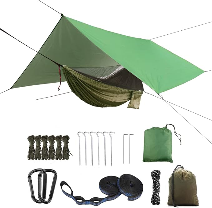 Oversized rain TarpaulinCamping Hammock with Mosquito Net Rain Fly Heavy Duty Tree StrapSingle Double Hammock Tent Waterproof Rainfly SetCamping Backpacking Backyard Patio Hiking Travel Outdoor