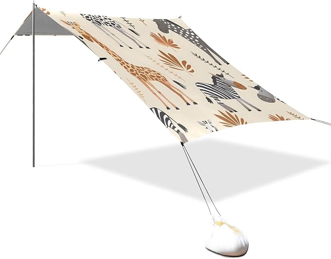 African Animals on A Neutral Beige Camping Sun Shelter Beach Tent Portable Beach Sun Shade Outdoor Canopy for Camping Trips Fishing Picnic