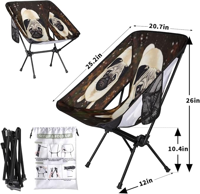 Cute Pug Dog Camping Chair Lightweight Portable Chairs for Adults Easy Installation Outdoor Foldable Camping Chair for Camping Fishing Hiking Picnic Beach