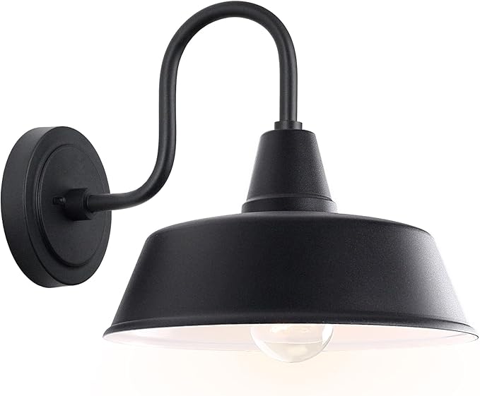 Matte Black Outdoor Gooseneck Barn Light for Porch 10 Inch Dome Farmhouse Exterior Wall Lighting with Wall Mount Outside Wall Sconce Light Fixture for House Porch Garage
