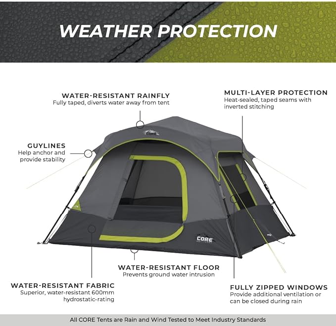 CORE 4 Person Instant Cabin Tent Camping Set | Includes 1 Pop Up Tent with 60 Second Setup 1 Outdoor Table &amp 2 Camp Chairs | Perfect for Family Car Camping with Included Carry Bag