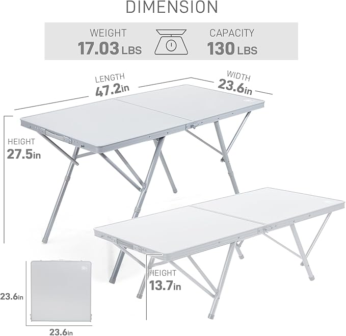 EVER ADVANCED Large Camping Table for 4-6 Person Portable Folding Aluminum Table with Carrying Handle Suitable for BBQ Picnic Camping and Indoor Use Support up to 130LBS Silver