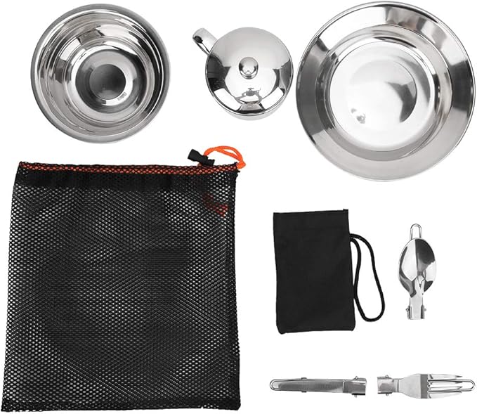 Stainless Steel Outdoor Tableware Set Portable Single Person Cookware for Camping Picnic Hiking Rustproof Camping Dishes Set with Storage Bag Lightweight Outdoor Cooking Utensil