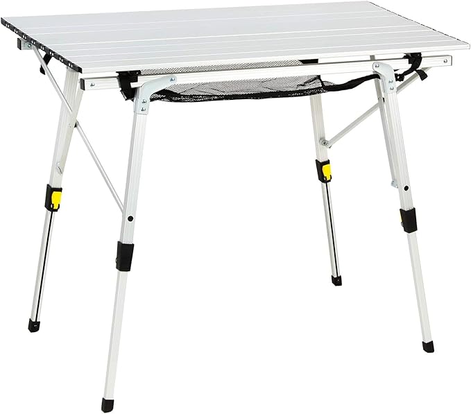 PORTAL Outdoor Folding Portable Picnic Camping Table with Adjustable Height Aluminum Roll Up Table Top Mesh Layer Silver