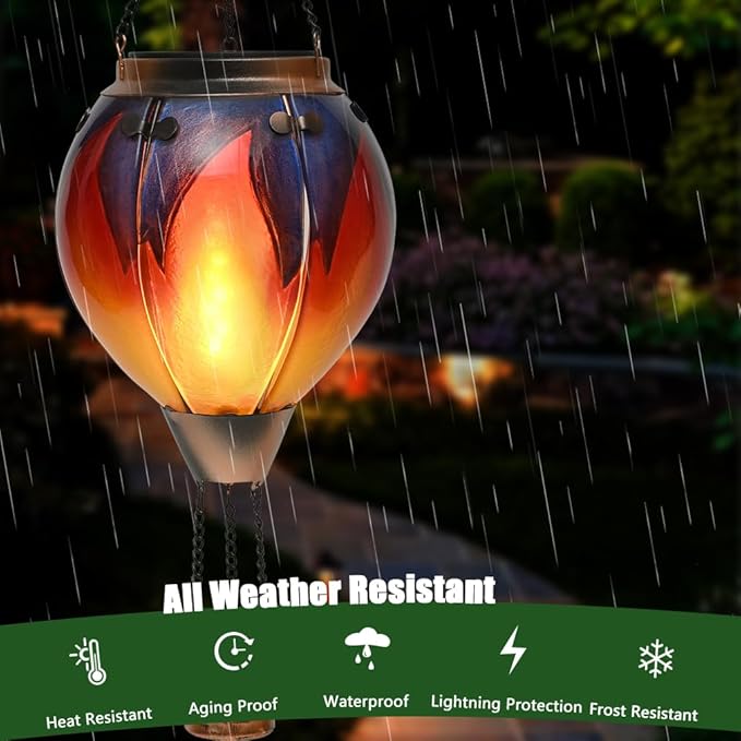 Hot Air Balloon Solar Lantern - Simulated Flickering &amp Dancing Flame Glass Lantern  Outdoor Hanging Yard Light Waterproof IP65 for Garden Patio Lawn Porch Decor Gift