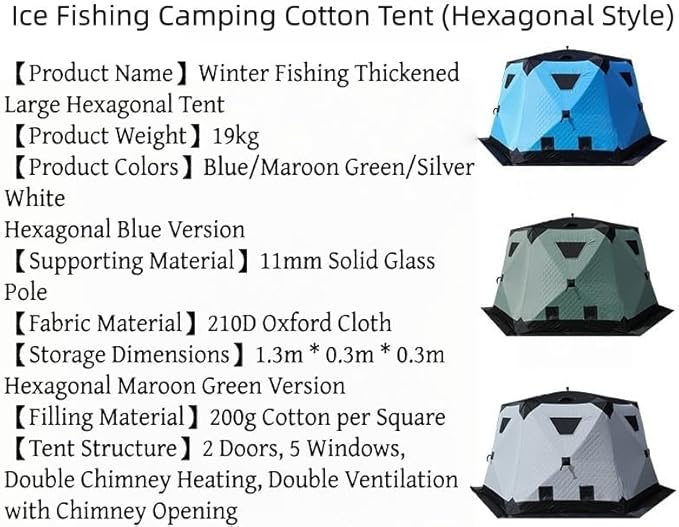 8-12Person Ice Fishing Tent with Stove Jack and Floor Portable ICES Fishings Shelter 420D Insulated Layer Oxford Cloth Hexagon Shanty Pop-Up Fish Tent for Winter Camping Fishing