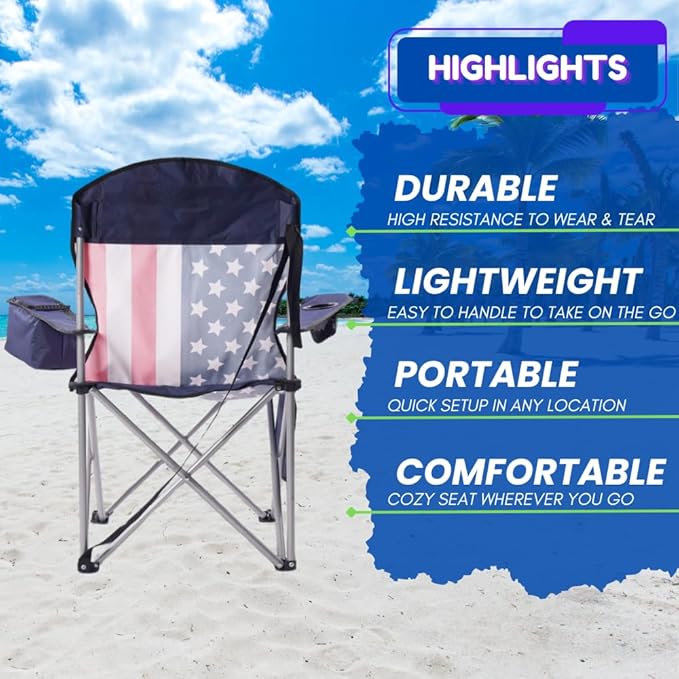EZONE 2-Pack Camping Chairs with Built-in Ice Cooler Portable Chair Storage Pocket Cup Holder and Carry Bag Perfect for Camping Tailgating Fishing Beach and Lawn (2 Flag)