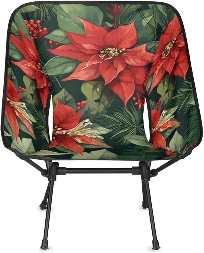 Portable Camping Chair Holly Berry Flowers Ultralight Folding Camping Chair Christmas Flowers Backpacking Hiking Chair with Cup Holder for Outdoor Travel Beach Picnic Festival 176 lbs Capacity