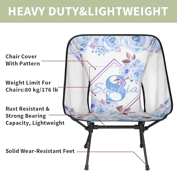 Camping Chair Personalized Backpacking Chair Lightweight Portable Folding Customized Name Chairs for Beach Sport Hiking (Light Blue)
