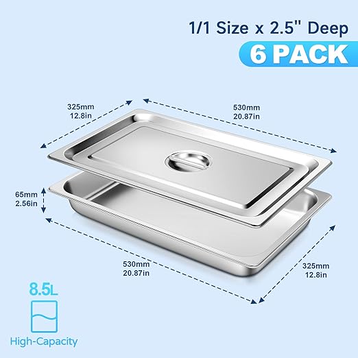 Hotel Pan with Lids 6 Pack Full Size 2.5 Deep Stainless Steel Steam Table Pan Commercial Food Pans for Catering Buffet Chafing Dish Pans Metal Steam Tray (1/1 Full Size x 2.5 Inch Deep 6 Pack)