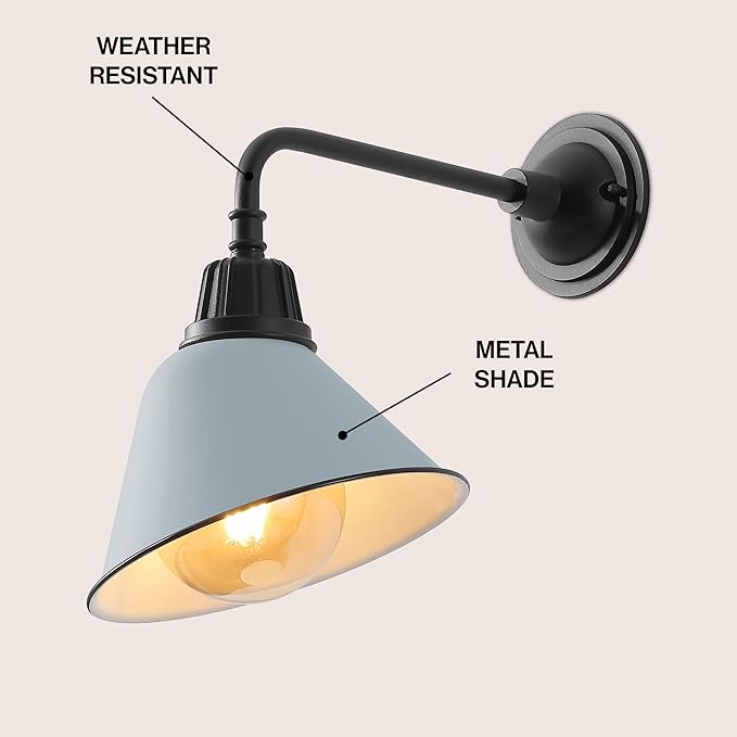 JONATHAN Y 9.63 Matte Silver Blue/Black Farmhouse Outdoor Sconce Industrial LED Wall Light Gooseneck Arm Barn Lamp with Metal Bell Shade for Porch Patio Kitchen LED Bulb Included (JYL7612K)