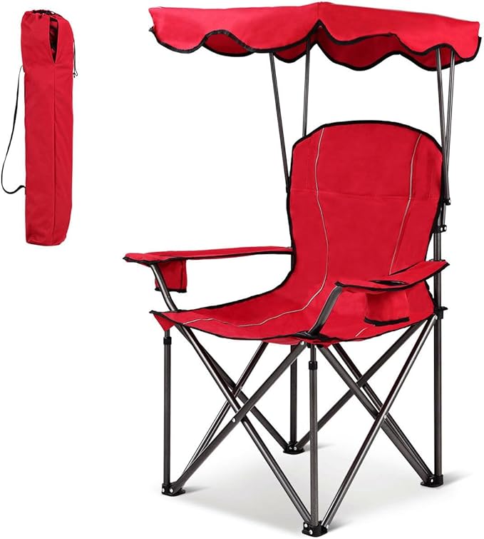 COSTWAY Portable Camping Chair with Canopy Outdoor Lawn Chair with Shade Carry Bag Cup Holder for Travel Picnic Beach (Red)