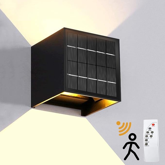 LANFU Solar Powered Motion Sensor Square Outdoor Wall LightsBlack Modern Up and Down Wall Lamps 10WIP65 Waterproof Warm White 3000K Wall Sconce Light Exterior for FenceGarden