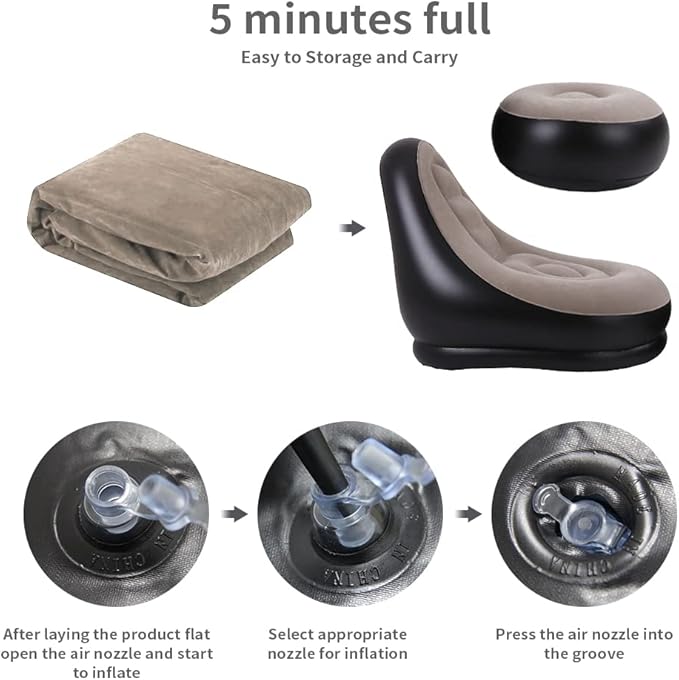 STARBRILLIANT Inflatable Living Room Furniture Chair with Stool for Resting Feet Indoor Foldable Deck Chaise Lounges with Air Pump Travel Camping Picnic Beach Chair(Brown)