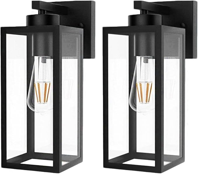 Outdoor Light Fixture 14IN Matte Black Front Porch Light with Glass Shades Exterior Waterproof Wall Mount Lantern with E26 Sockets Outside Lights for House Garage Doorway Patio 2 Pack