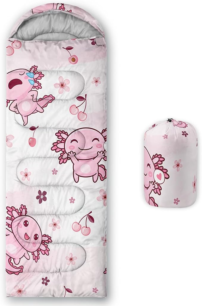 QOOMO Axolotl Cute Camping Sleeping Bags3 Season Warm &amp Cool WeatherLightweightWaterproof Sleeping Bags for Adults &amp KidsTravelingand Outdoors