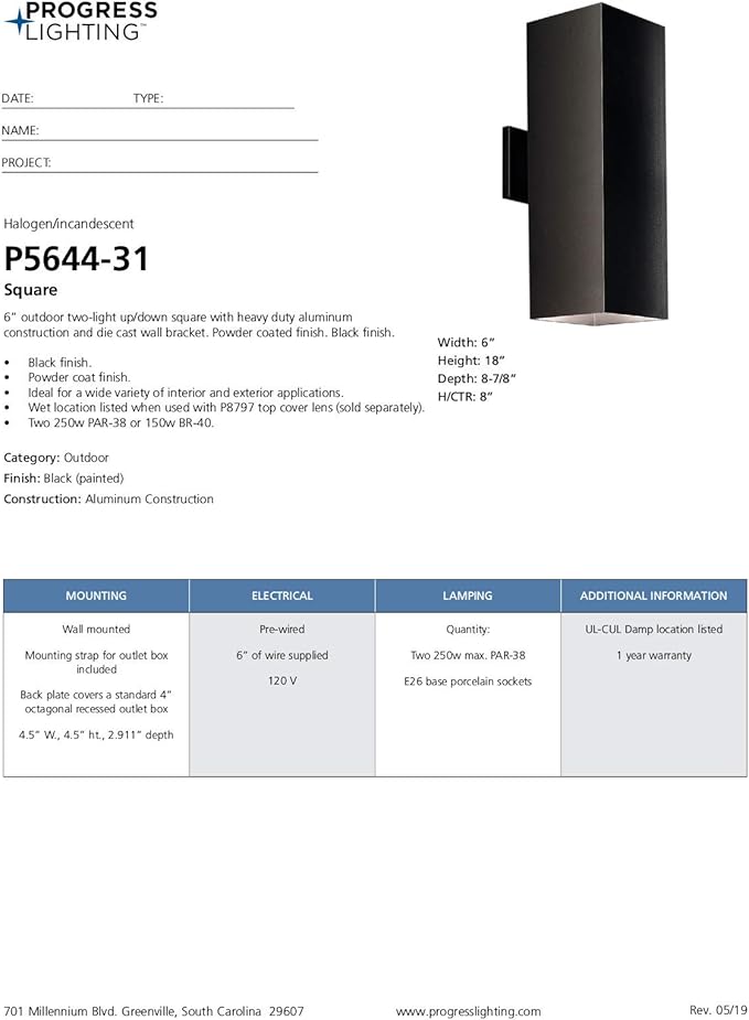 Progress Lighting 6-Inch Aluminum Outdoor Up/Down Wall Lantern Light Square Collection Matte Black P5644-31