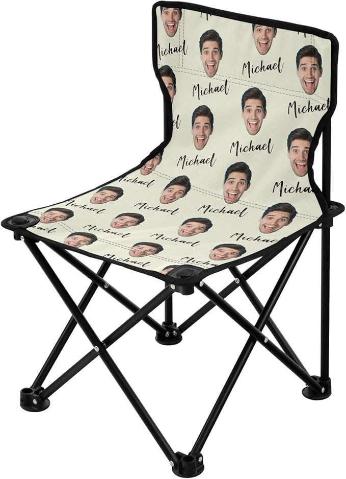 Sinestour Beige Custom Photo Folding Camping Chair for Teen Child Personalized Name 14.6×14.6in Portable Outdoor Chair with Carry Bag for Barbeques Picnic Travel