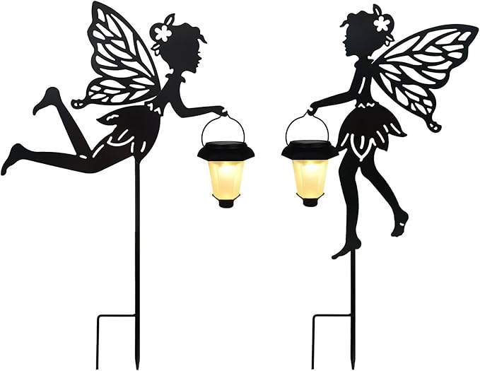 Solar Fairy Garden Stake Decorative Lantern 2 Pack Metal Fairy Angel Garden Silhouette Lights for Lawn Pathway Patio Yard Outdoor Decor