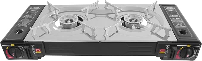 2 Burner Butane Stove Butane Camping Stove with Grill Tray and Carrying Case Portable Camping Stove Outdoor Travel Gas Stove for Camping Home BBQ