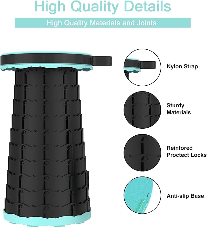 LB Portable Collapsible Retractable Folding Stool Lightweight Telescoping Foldable Camping Stool for Adults for Outdoor Fishing Hiking Gardening Travel BBQ Hunting Indoor Activities (Teal Black)
