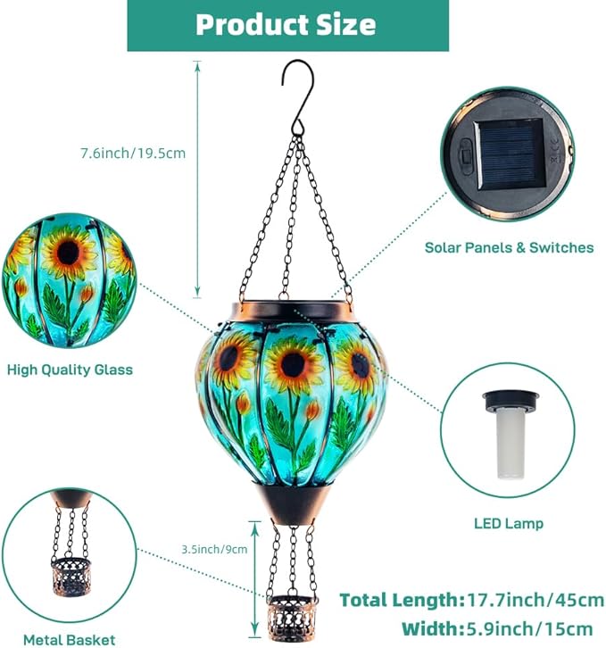 Starsoul Sunflower Hot Air Balloon Solar Lantern Glass Outdoor Hot Air Balloon Solar Flickering Flame Light Hanging Solar Lanterns Outdoor Waterproof Garden Patio Yard Party Decor