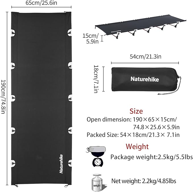 Naturehike GoWild Camping Cot for Adults Portable Sleeping Cot with Carry Bag Lightweight Tent cot Camping Bed for Camp Outdoor/Office Home Nap (Black EU