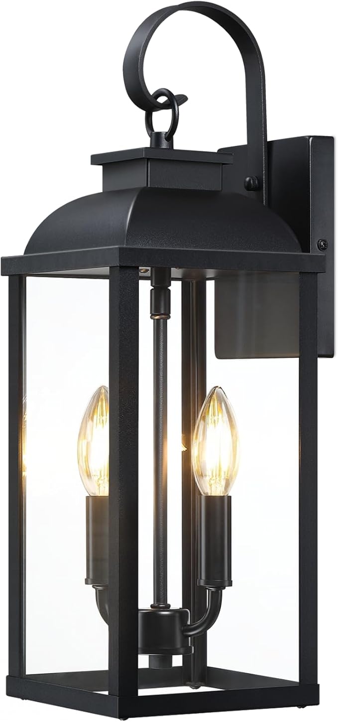 18.7'' Large Outdoor Wall Sconce 2-Light Black Exterior Front Porch Light Fixture Modern Outdoor Porch Lamp with Tempered Glass Waterproof Outside Wall Lantern for Patio