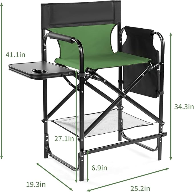 Tall Camping Directors Chair 26 Portable Folding Artist Makeup Chair with Side Table Pocket Footrest Concert Outdoor Foldable Camp Lawn Chairs (Olive-a)