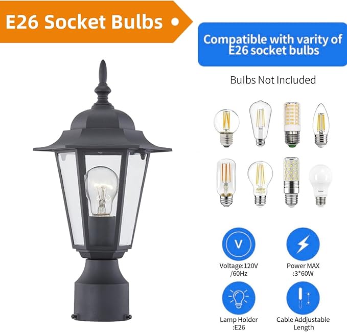 WISBEAM 2 Packs Outdoor Post Light Pole Lantern E26 Base 60W Max Aluminum Housing Plus Glass Wet Location Rated ETL Qualified Bulbs not Included Black