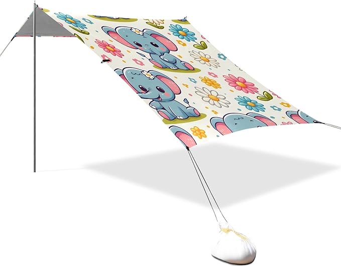 Cute Cartoon Little Elephant Little Daisy Camping Sun Shelter Beach Tent Portable Beach Sun Shade Outdoor Canopy for Camping Trips Fishing Picnic