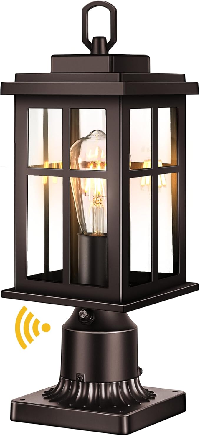 Dusk to Dawn Outdoor Post Lights Bronze Outdoor Lamp Post with Pier Mount Base Waterproof Lamp Posts Outdoor Lighting with Tempered Glass for Garden Porch Patio(Hardwired 120V Not Solar)