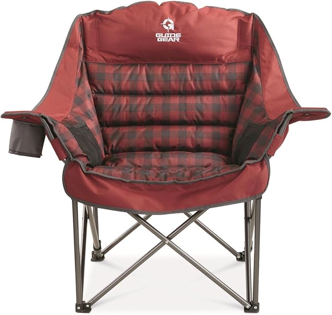 Guide Gear Oversized Extra Large Padded Camping Chair Portable Folding Large Camp Lounge Beach Chairs for Outdoor Adults Men and Women Heavy-Duty 400 Pound Capacity with Cup Holder Red Plaid