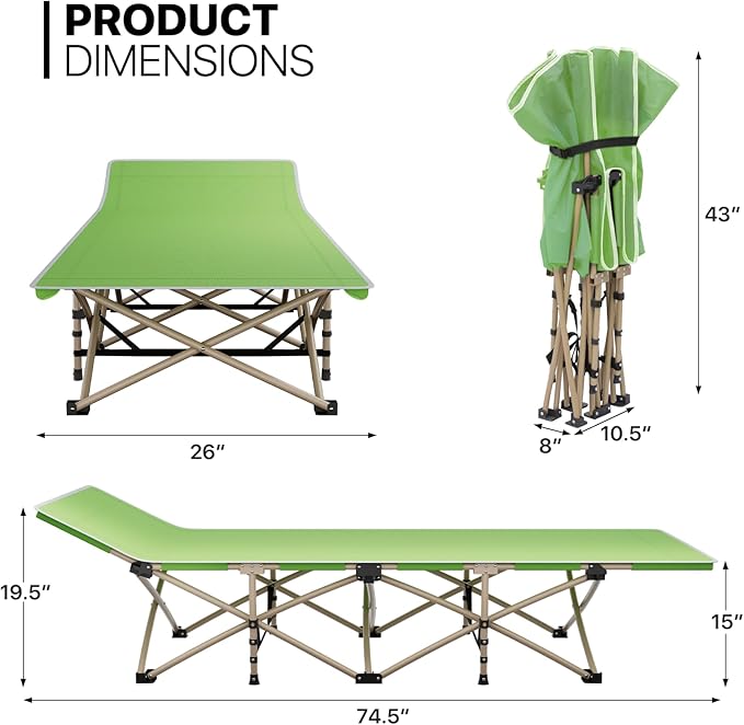 MoNiBloom Folding Sleeping Cot for Adults Easy to Set Up Portable &amp Lightweight Camping Cot for Outdoor Camping Lounging and Elevated Napping Support 360 lbs Green