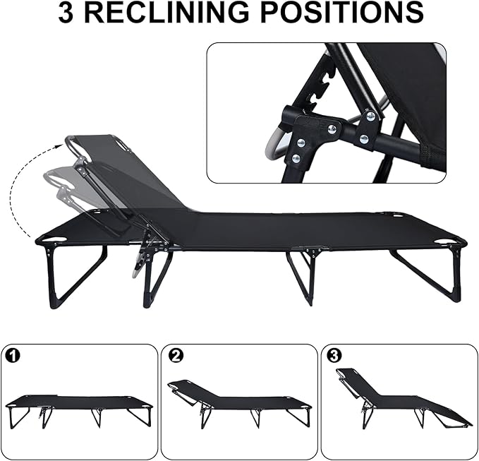 Folding Camping CotAdjustable 4-Position Adults Reclining Chaise with Pillow Outdoor Lounge Chair Sleeping Cots Bed Perfect for Camping Pool Beach PatioOfficeTraveling 190cm