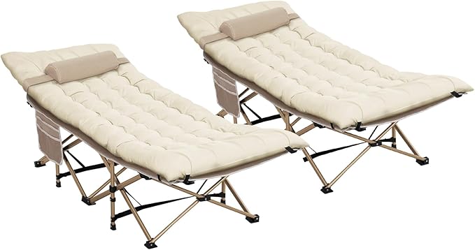 2 Pack Wide Folding Camping Cots with Pillow &amp Extra Thick 3 Inch Matress Cots for Sleeping 900 LBS Camping Bed for Adults with Cushion Sleeping Cot (Cream)