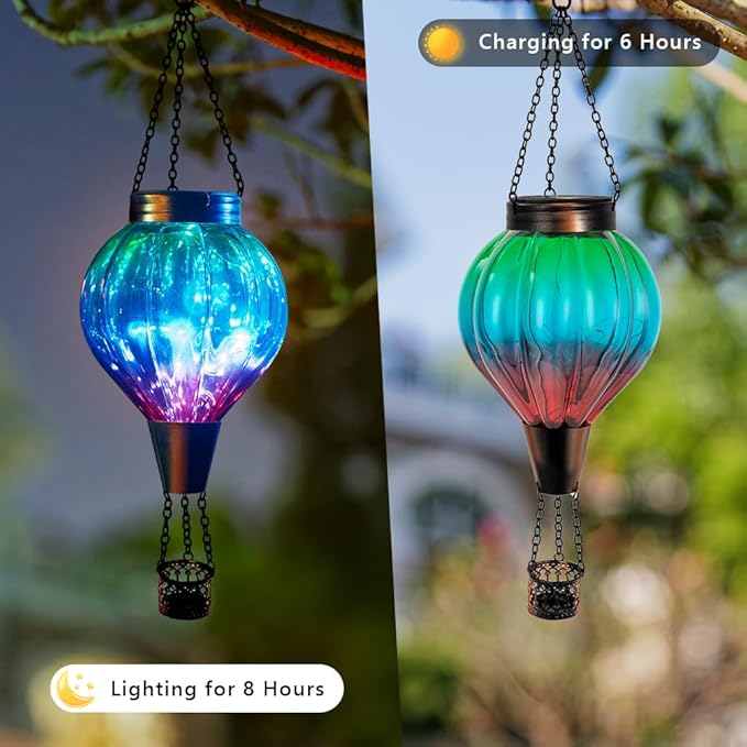 2 Pack Solar Balloon Lanterns Hanging Lights Hot Air Balloon Solar Lantern Outdoor Waterproof Decor for Garden Patio Yard Art Glass Lanterns Mother's Day Gifts(Gradient Green)