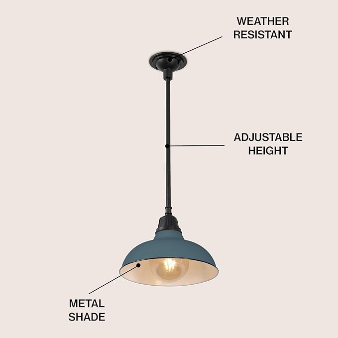 JONATHAN Y 12.25 Matte Silver 1-Light Blue Farmhouse Indoor/Outdoor LED Pendant Iron Hanging Light and Black Metal Shade Rustic Ceiling Lamp for Kitchen Island LED Bulb Included (JYL7611K)