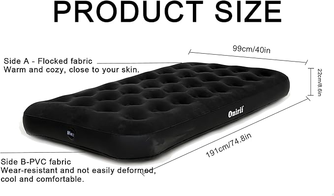 Twin Size Single Camping Air Mattress Bed with Air PumpInflatable Travel Air MattressThickened Portable Blow Up Sleeping Bed Pad for Truck Tent Camping/Home/Hiking(Black)