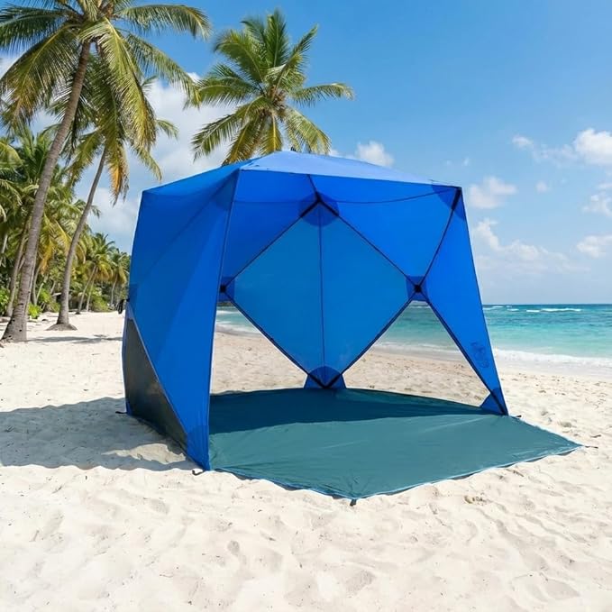 Beach Cube Pop Up Beach Tent Portable Shade Sun Shelter UPF50+ UV Protection for 4 Person Expandable Floor for Beach Fishing Hiking Camping – Beach Blue Color New