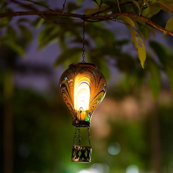 Starsoul Hot Air Balloon Solar Lantern Flickering Flame Light Tie-Dye Style Glass Solar Powered Hot Air Balloon Lamp Hanging Outdoor Lantern Waterproof Decor for Patio Garden Porch