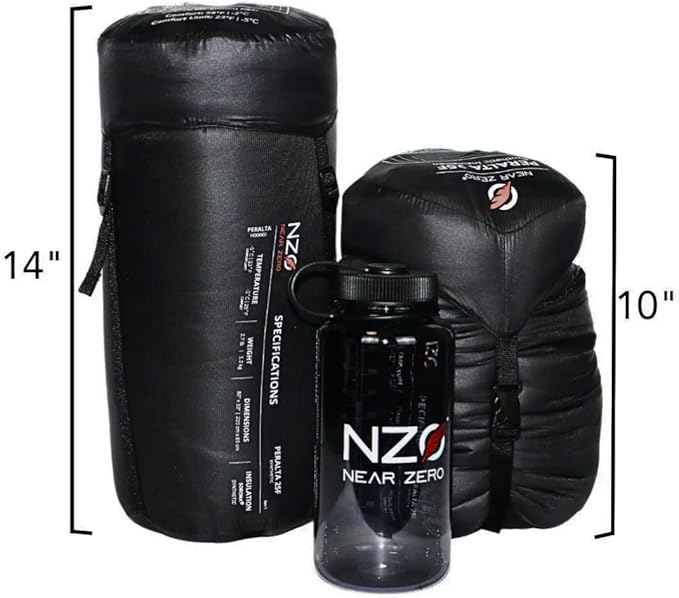 Near Zero Peralta 25°F Lightweight Sleeping Bag – Sorona Insulation for Outdoor Camping Compact 2.5 lb Design 20D Ripstop Nylon Shell – 86x33 Compresses to 10x6