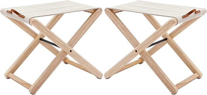 Wood Folding Camping Stools Set of 2 18.5 Hardwood Portable Fishing Folding Stool with Heavy Duty Metal Support Canvas Camp Stool Foldable Footstool for Outdoor Hiking Picnic BBQ Beige