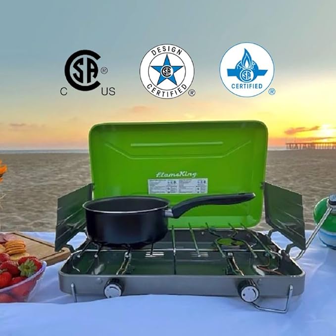 Flame King VT-101 2-Burner Portable Camping Stove Grill Great for Outdoor Cooking Backpacking Compatible with 1LB Propane Gas Bottle