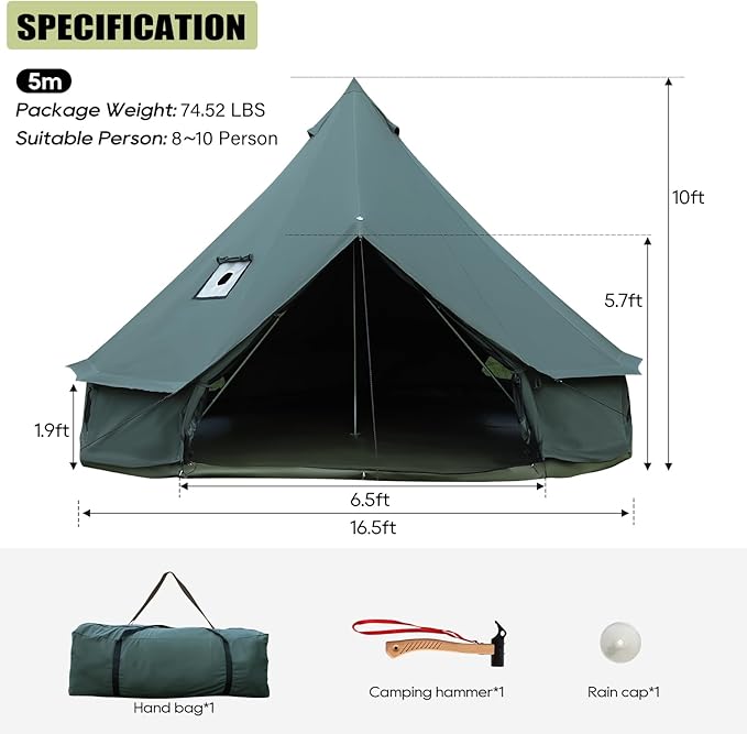 Luxury Cotton Bell Tent Yurt Canvas Tent with Stove Jack 4/6/8 Person Family 4 Season Camping