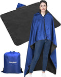 DUKUSEEK Outdoor Waterproof Stadium Blanket with Hood Windproof Camping Blankets for Cold Weather Sports Yard Soccer Large Warm Fleece All Weather Blankets Dark Blue 59x56