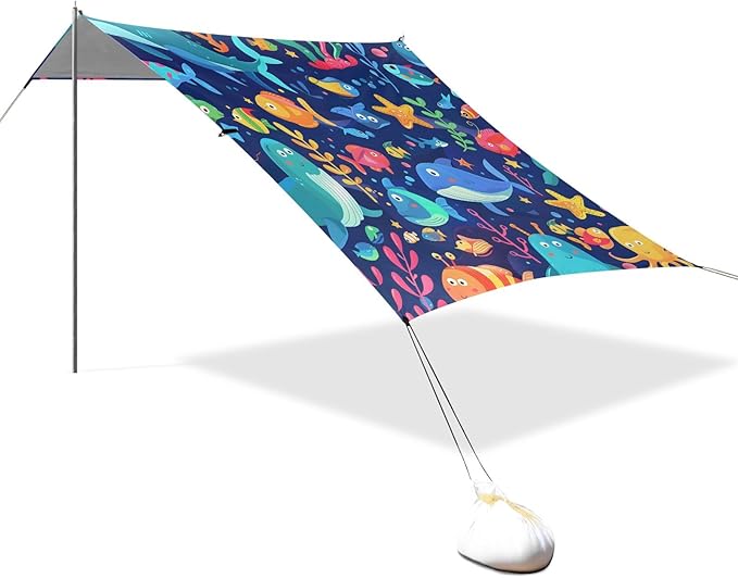 Cute Cartoon Undersea World Camping Sun Shelter Beach Tent Portable Beach Sun Shade Outdoor Canopy for Camping Trips Fishing Picnic