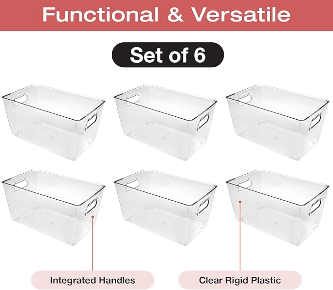 EXCELLO GLOBAL PRODUCTS 10.12 x 6.02 x 5.31 Rigid Plastic Clear Storage Bins for organizing and storing household goods food or Office supplies (Pack of 6)